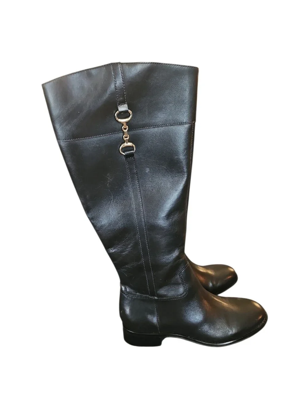 Talbots Tish Bit Riding Boots Black Knee-High Leather  with Gold Bit Detail 7.5